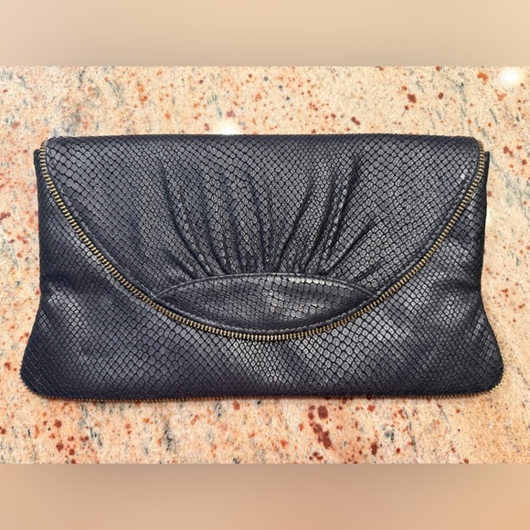 Lauren Merkin Handbags - LAUREN MERKIN BLACK SNAKESKIN EMBOSSED LEATHER CLUTCH